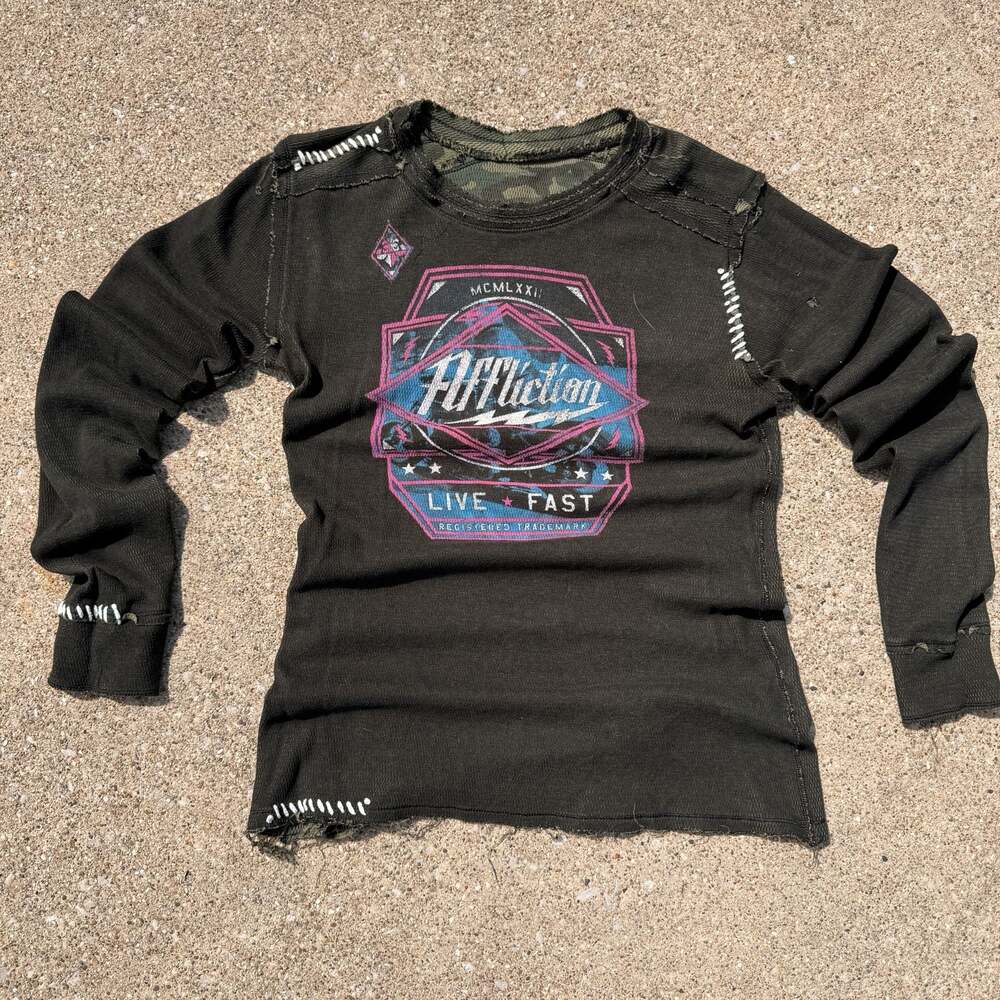 Affliction Reversible Thermal Long Sleeve Camo and Black Distressed Shirt
